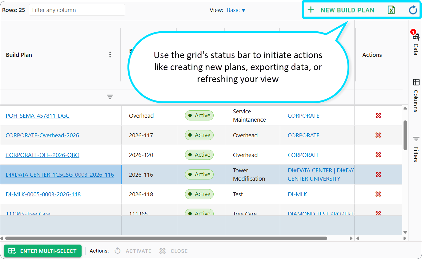 Build Plans dashboard: Use grid's status bar to initiate actions like creating new plans, exporting data, or refreshing your view