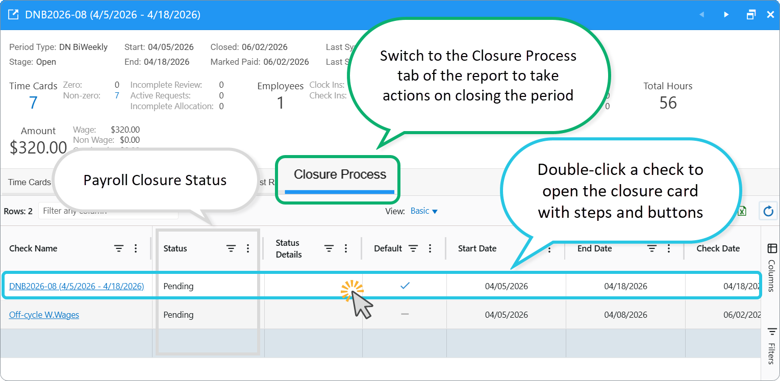 Payroll Period Closure tab