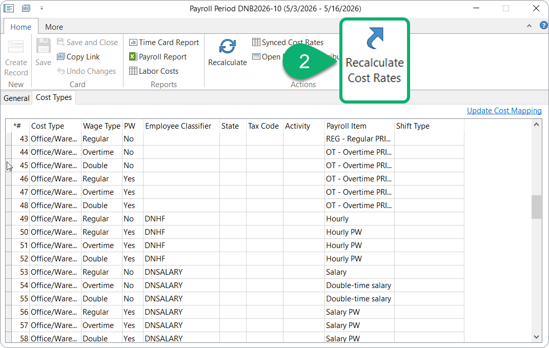 Payroll Period card, click Recalculate Cost Rates