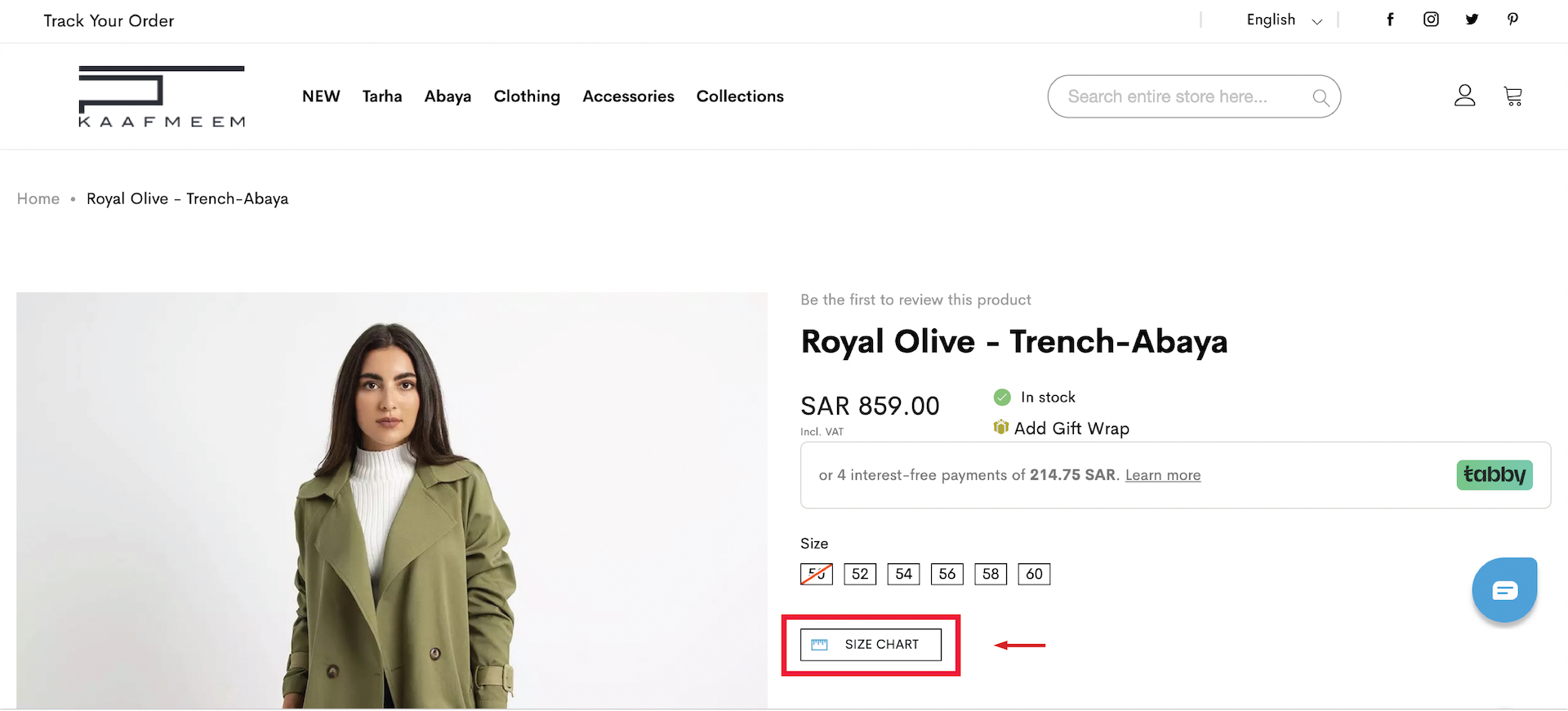 Locating the Size Chart link on the Kaafmeem product page interface