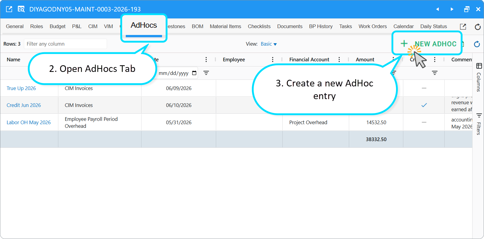 Build Plan web card, AdHocs tab: Create a new AdHoc entry