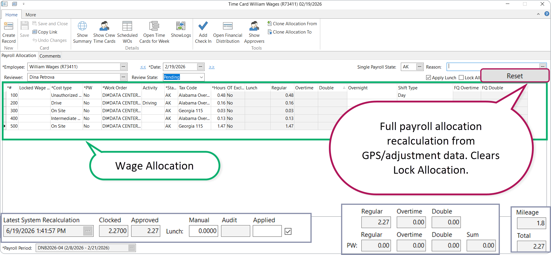 Time Card desktop: wage allocation and totals