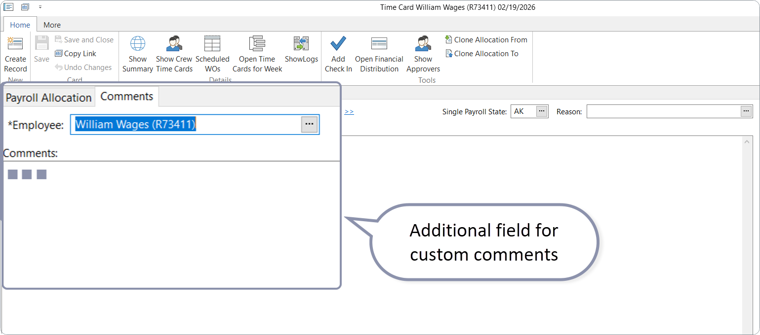 Time Card desktop: Comments tab