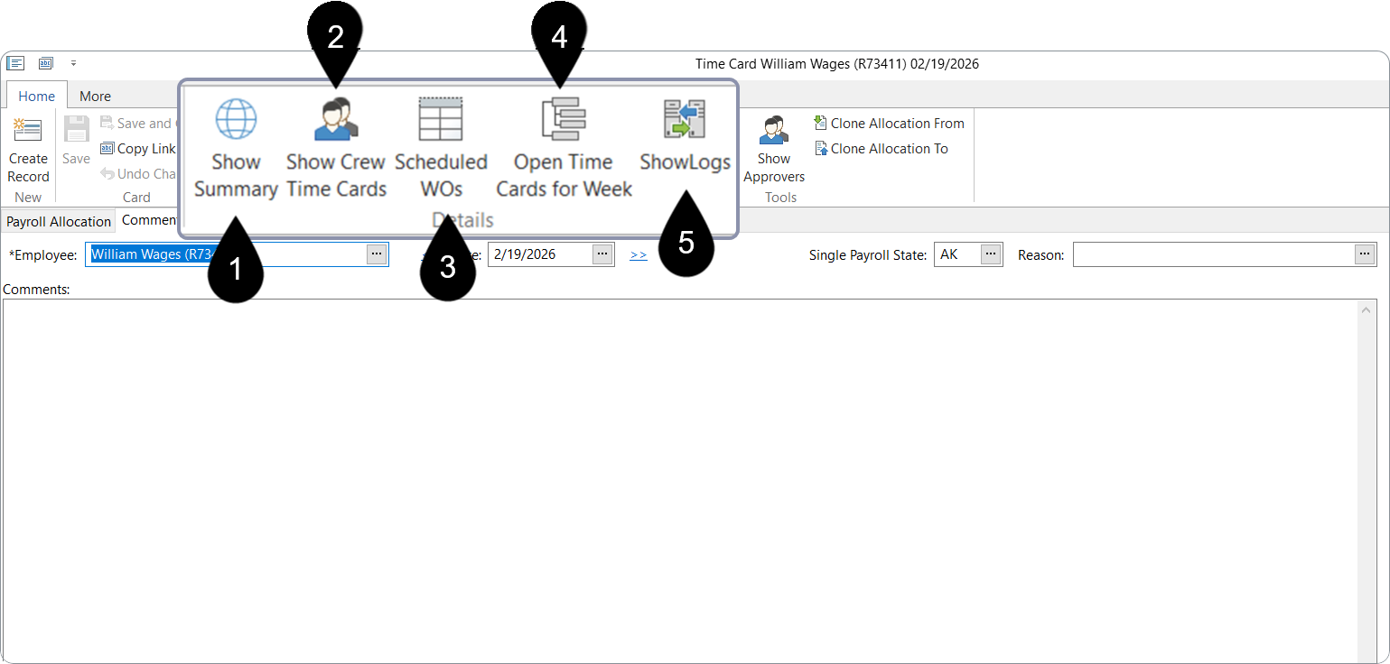 Time Card desktop: ribbon details actions