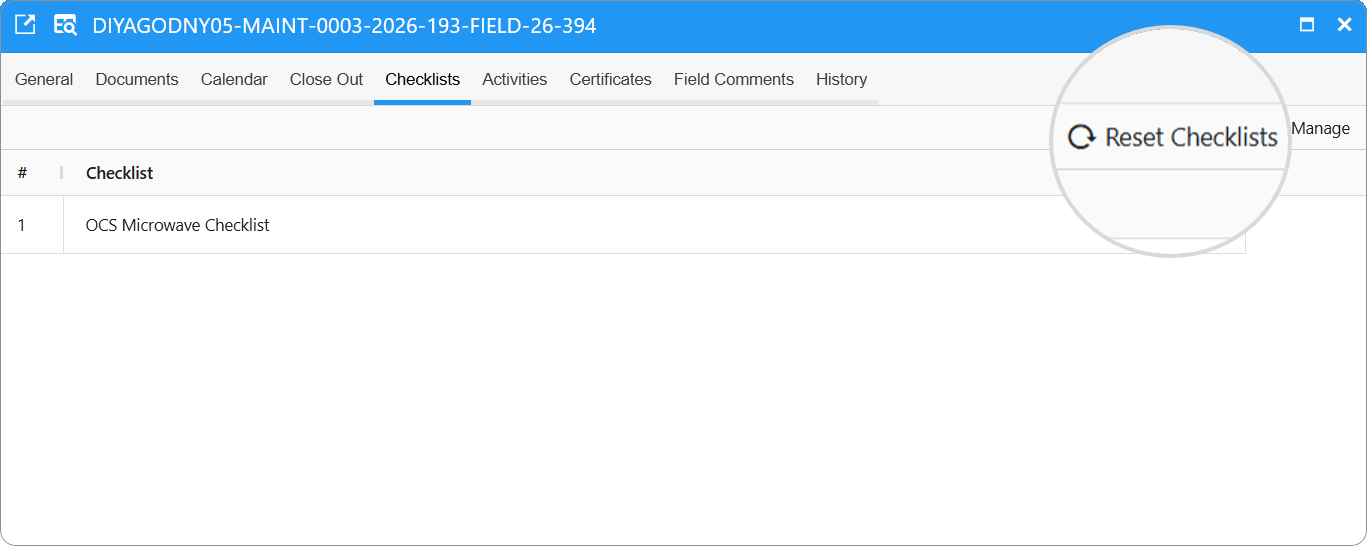 Work Order web card: Reset checklists