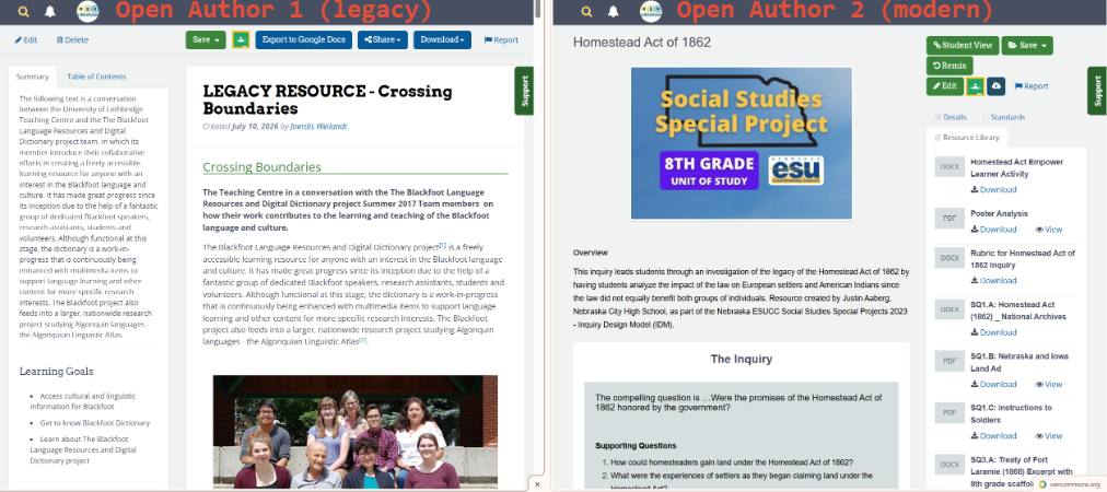 A screenshot of resources created in Open Author 1 (left) and 2 (right) next to each other. Main differences include button colors (OA1 has blue buttons while OA2 has green buttons), the location of the summary/overview (OA1 has the summary on a panel on its left side, OA2 has an overview below a cover image), and the placement of a side panel (OA1 has a side panel with a summary and table of contents on the left of the resource content, whereas OA2 has a panel to the right containing details, standards, and a resource library).
