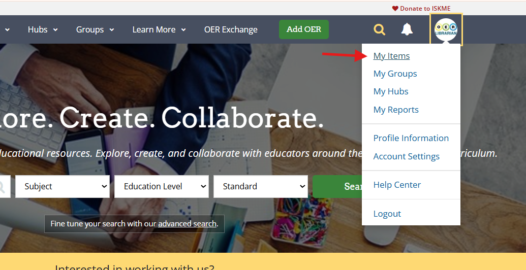 Screenshot of the OER Commons home page with the user dropdown menu displayed, and a red arrow pointing at "My Items" which is the first menu item.
