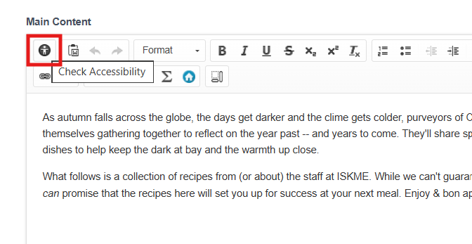 Screenshot of the Open Author 2 editor window with a red box around the accessibility checker button
