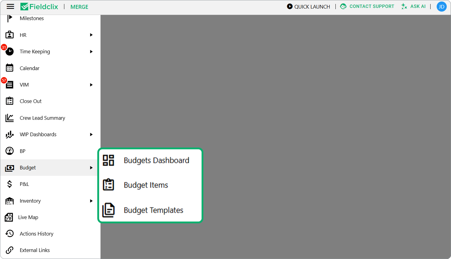 Budgets dashboards: budgets, items, templates