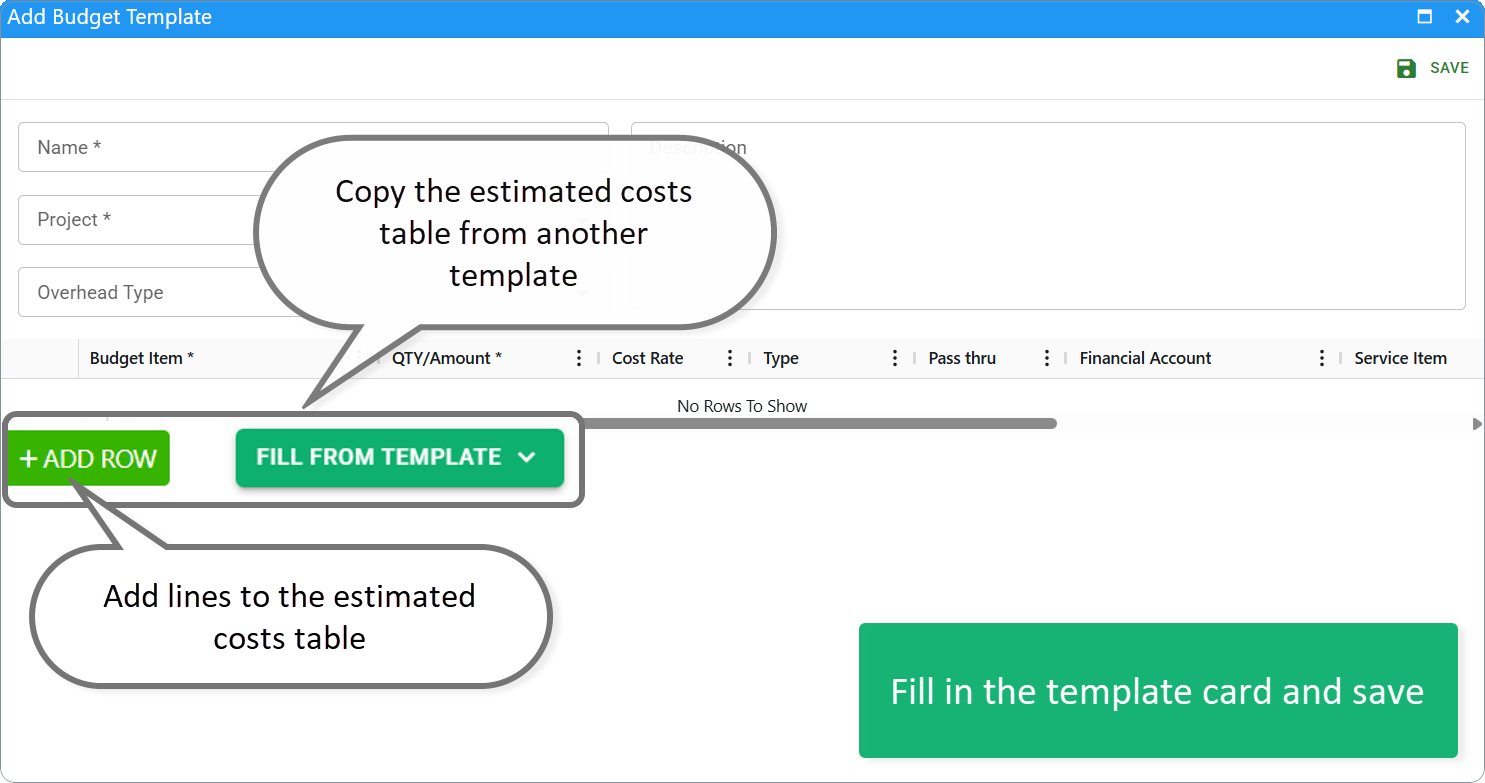 Fill in the budget template card and save