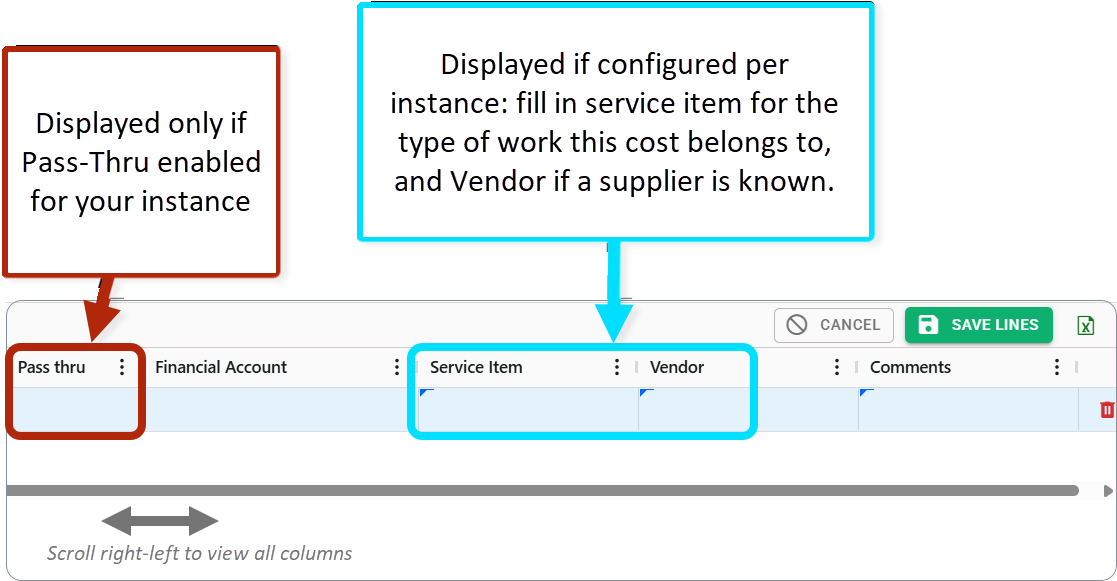 Budget Estimated Expenses table: configurable columns (Pass Thru, Service Items, Vendor)