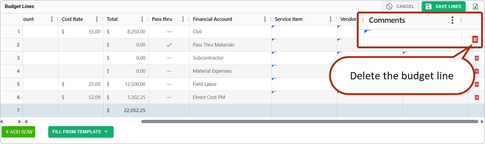 Budget card: delete budget line
