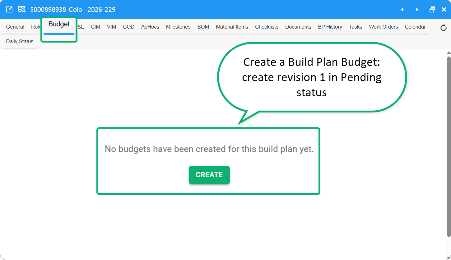 Create Build Plan Budget
