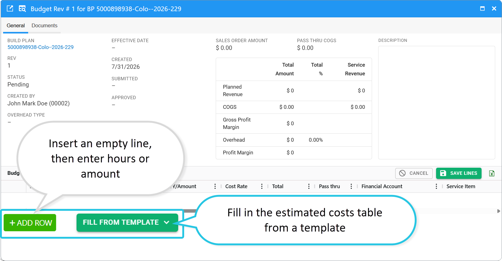 Budget card: fill in the estimated costs table