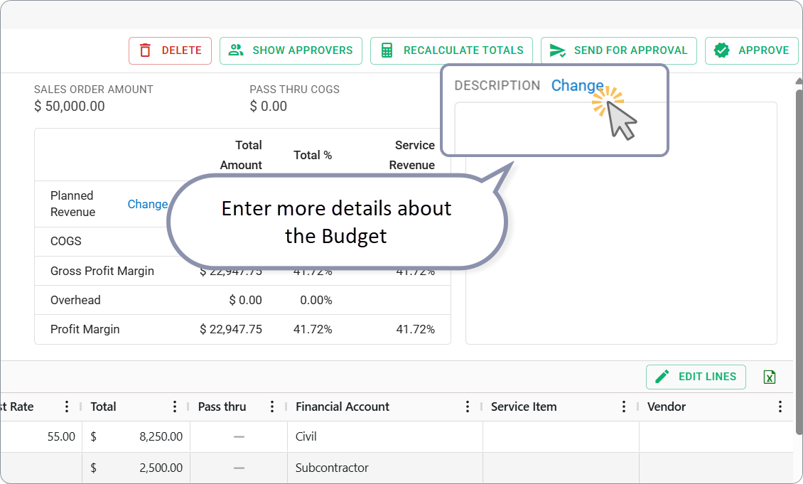 Enter more details about the Budget in the Description field.