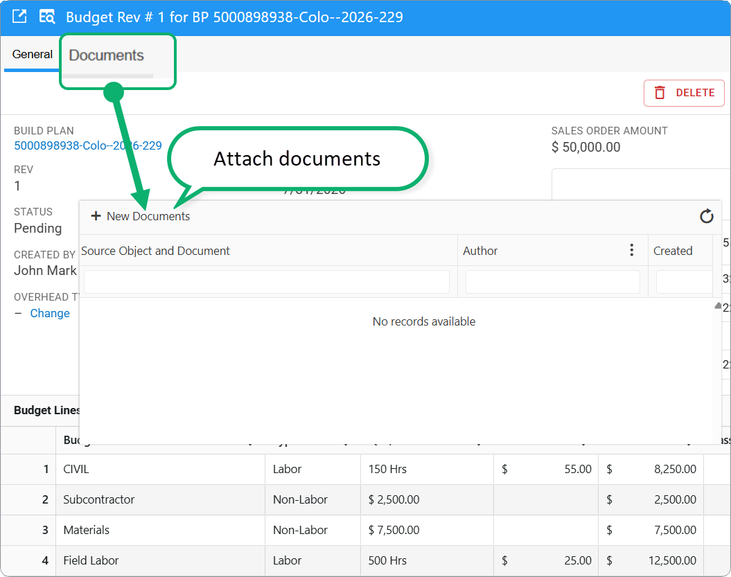 Budget: attach documents