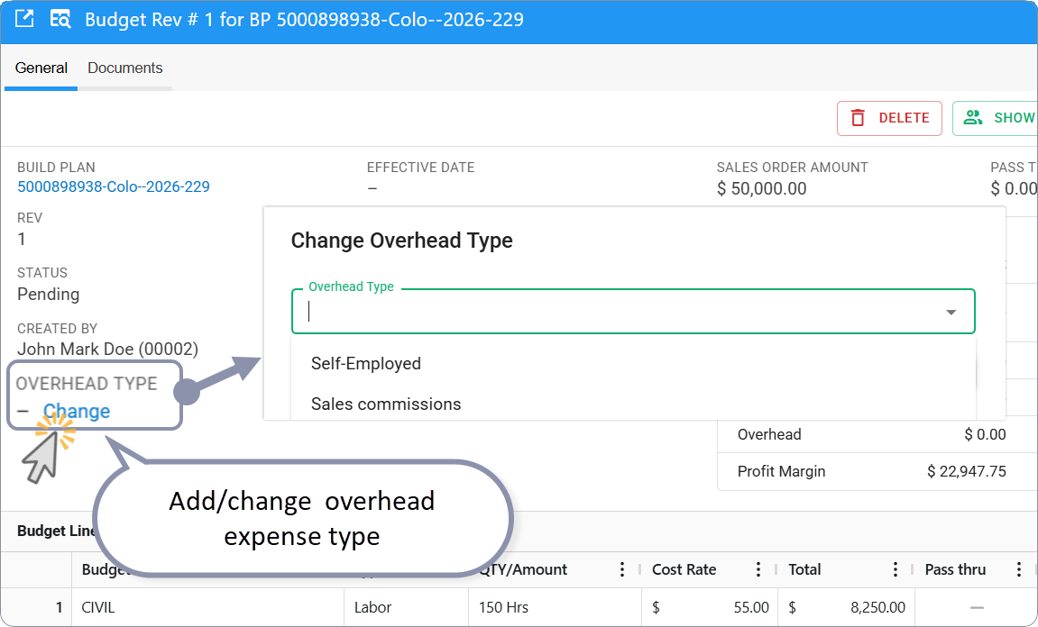 Budget: change Overhead type of expenses