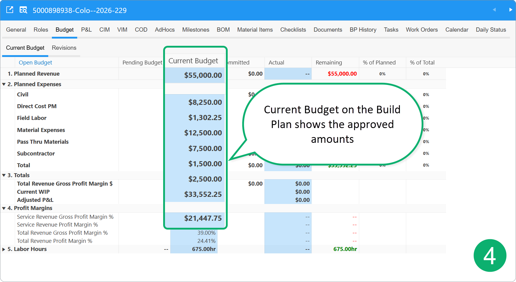 Current Budget on the Build Plan shows the approved amounts.