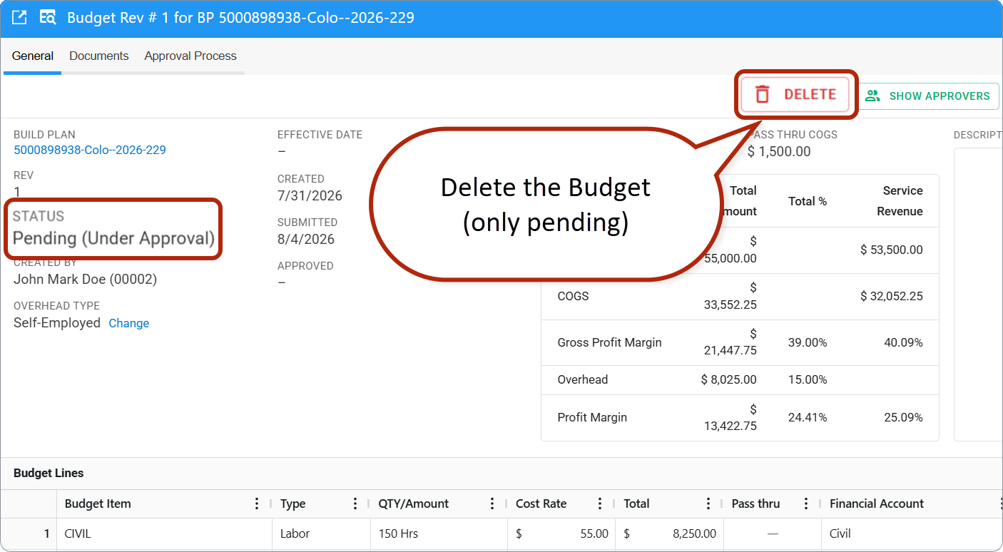 Delete a pending budget