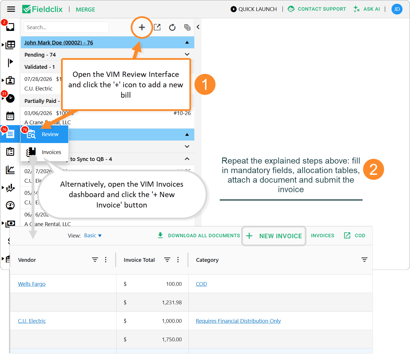 Create a new VIM Invoice via the VIM Review or VIM Invoices dashboard