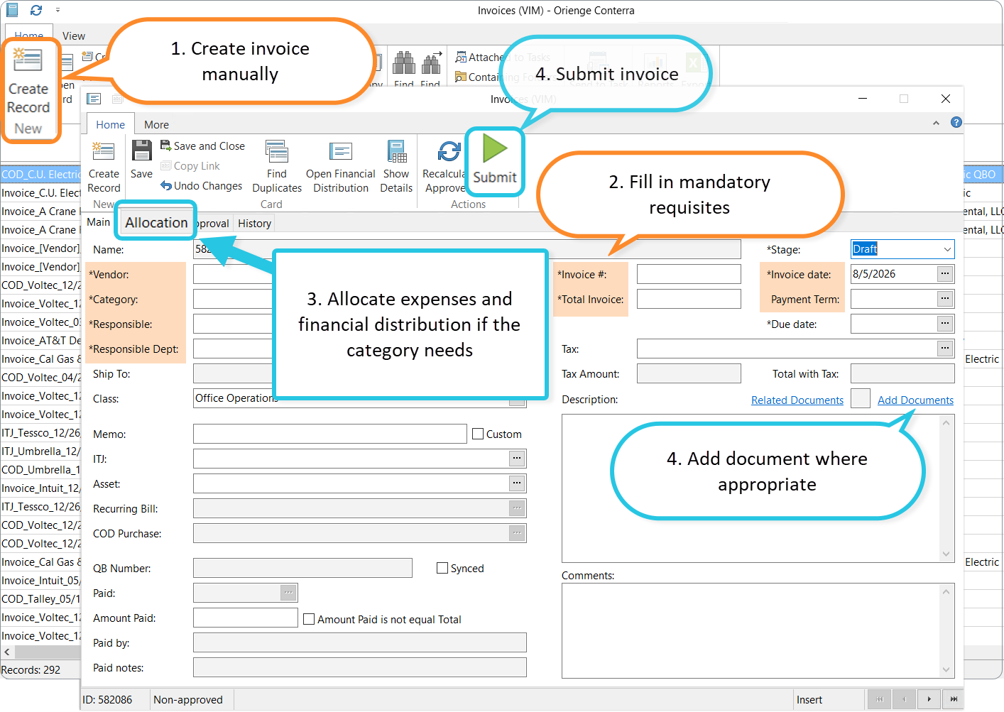 Create a new VIM invoice via the VIM Invoices reference
