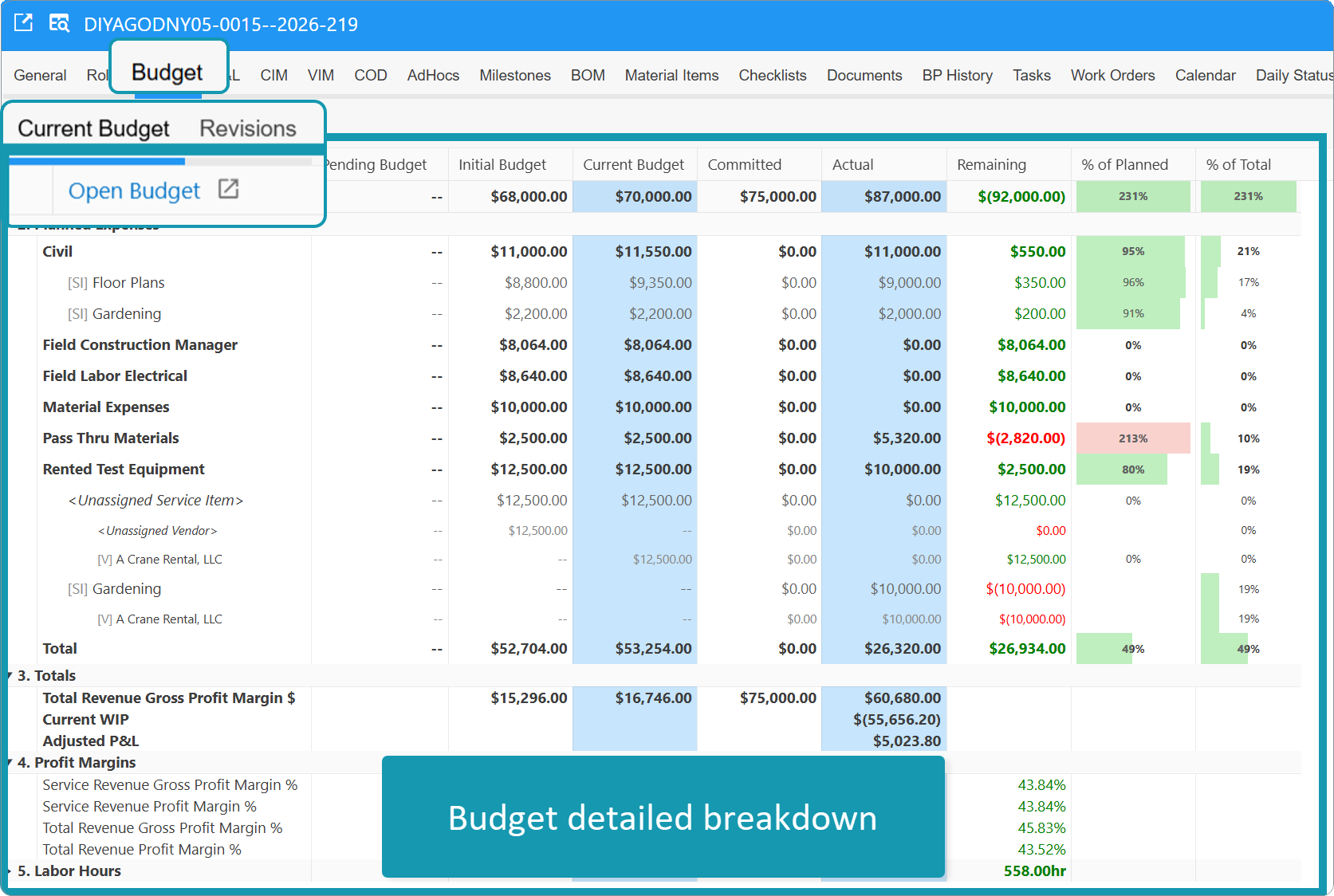Build Plan Budget detailed breakdown