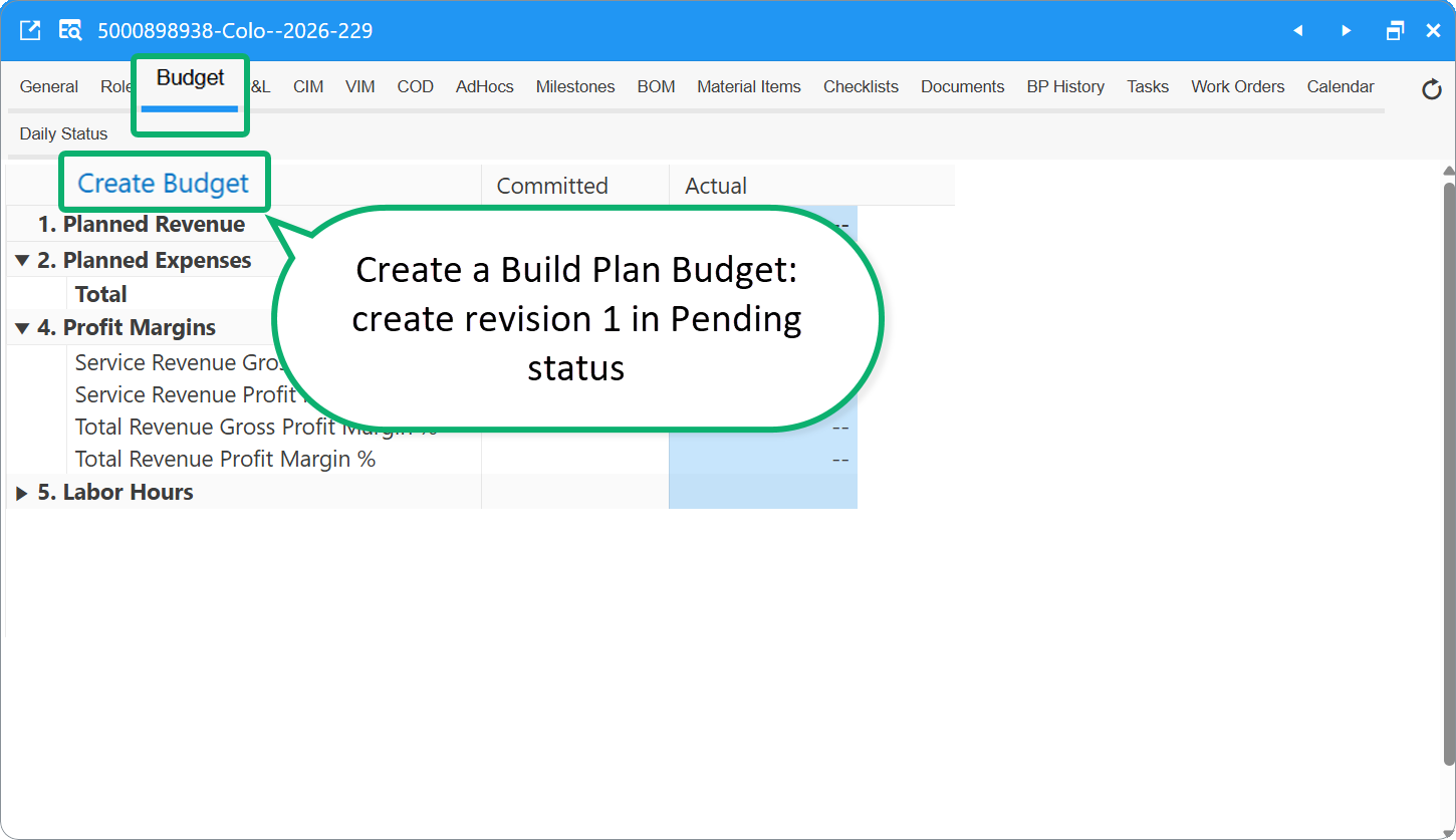 Create Build Plan Budget