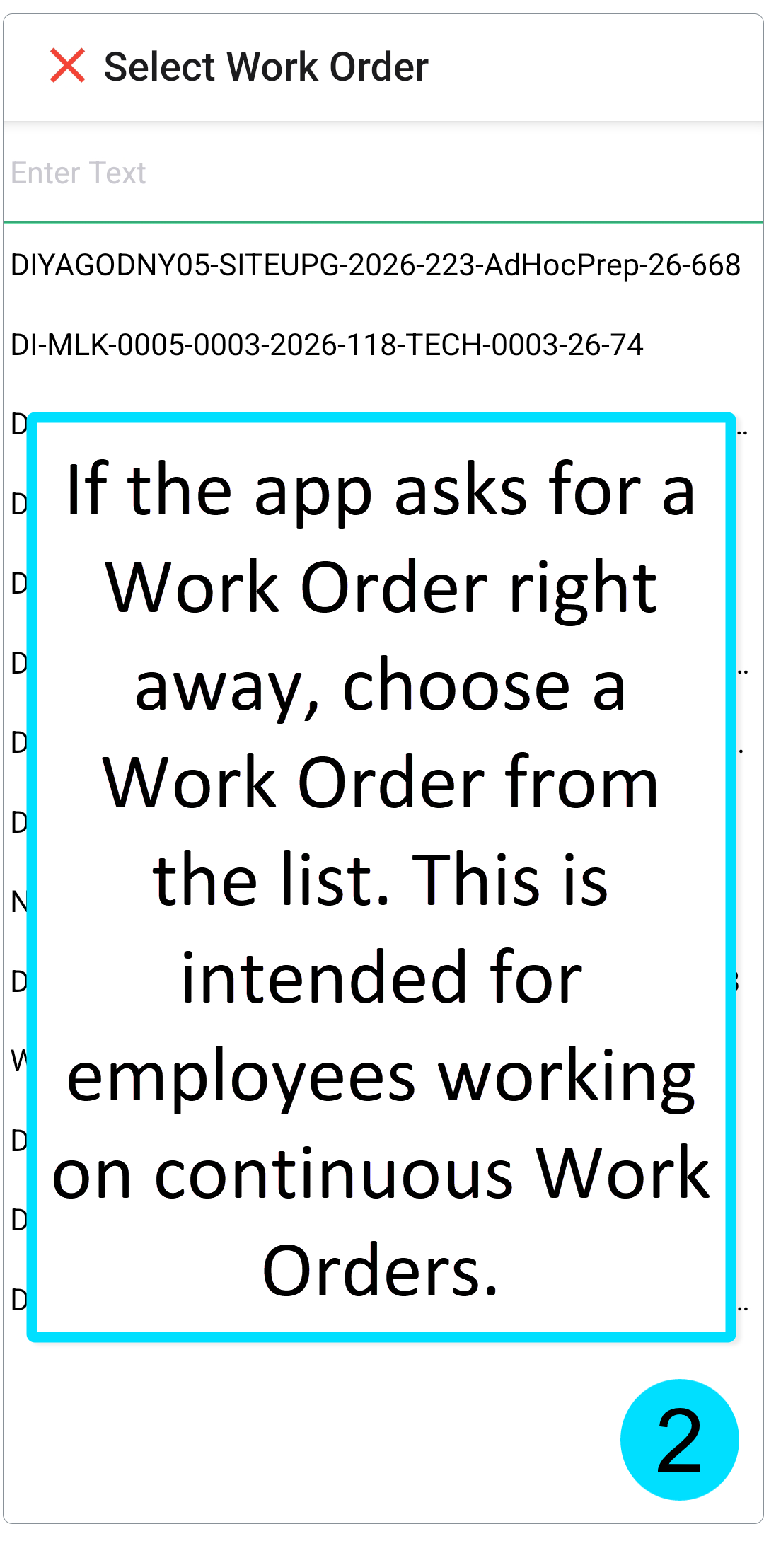 If the app asks for a Work Order right away, choose a Work Order from the list. This is intended for employees working on continuous Work Orders.