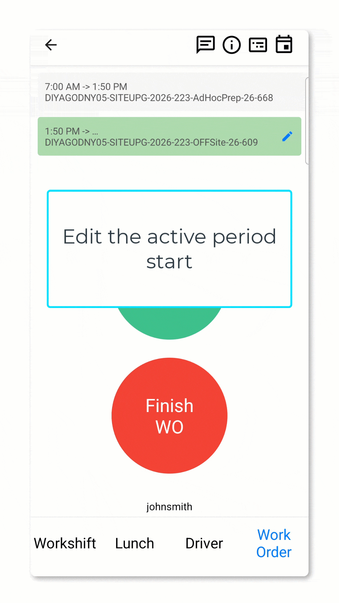 adjust when the current Manual period started (pencil / time picker on the active row)