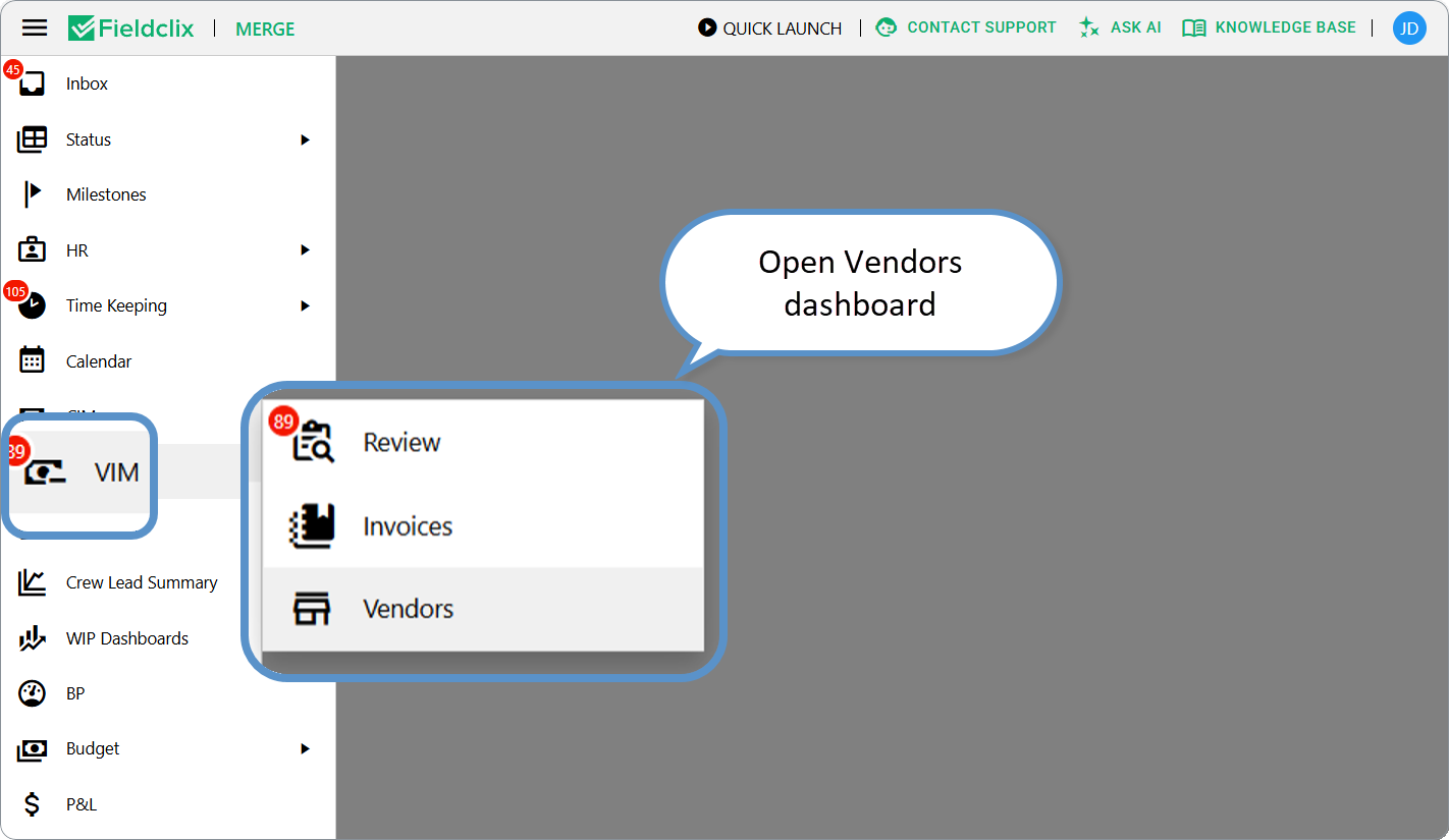 Open Vendors dashboard