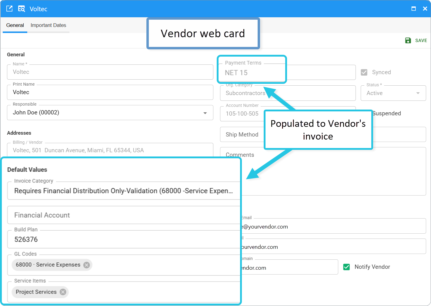 Vendor web card - accounting settings