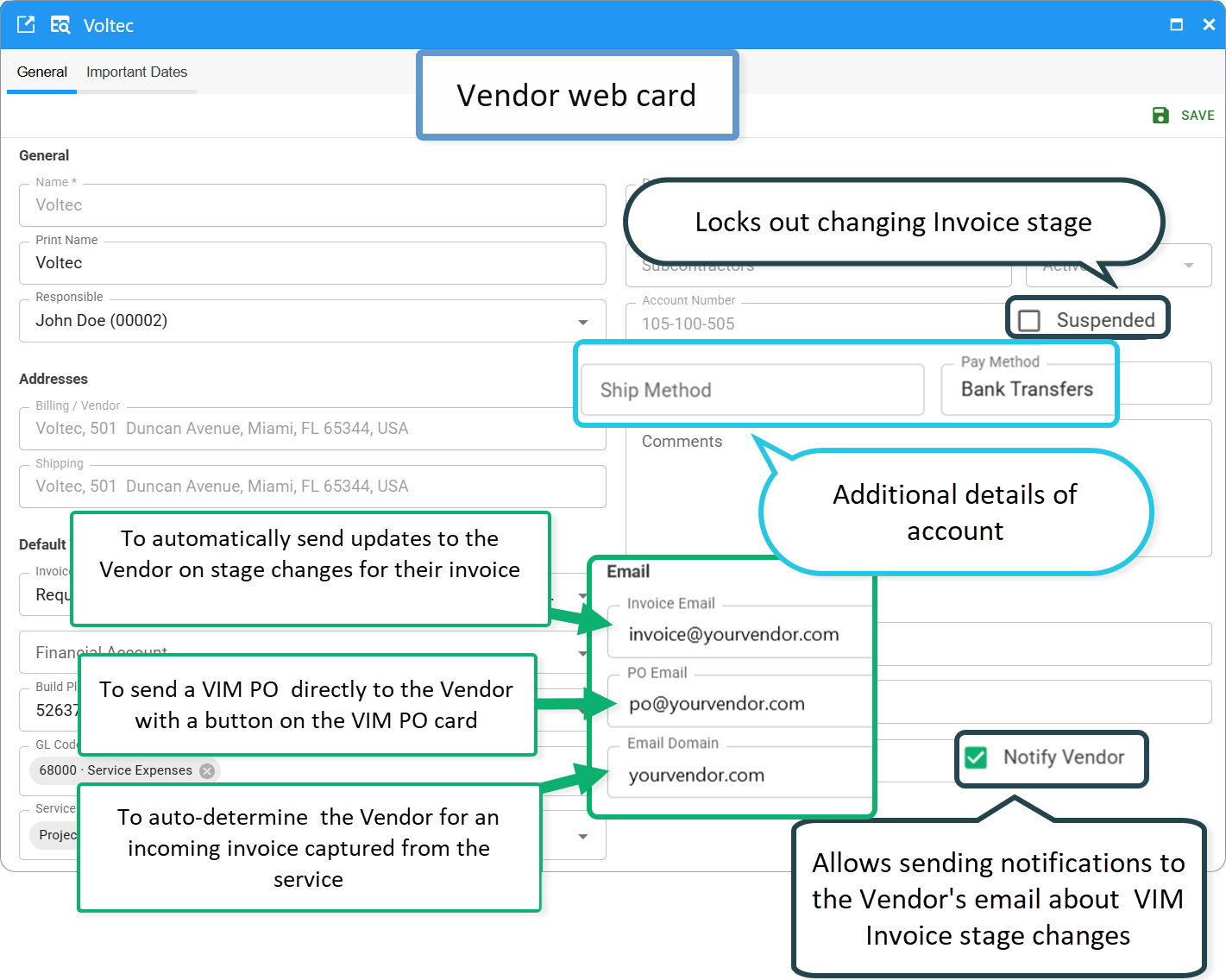 Vendor web card - suspended, notify vendor and email settings