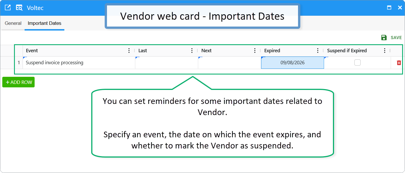 Vendor web card - Important dates