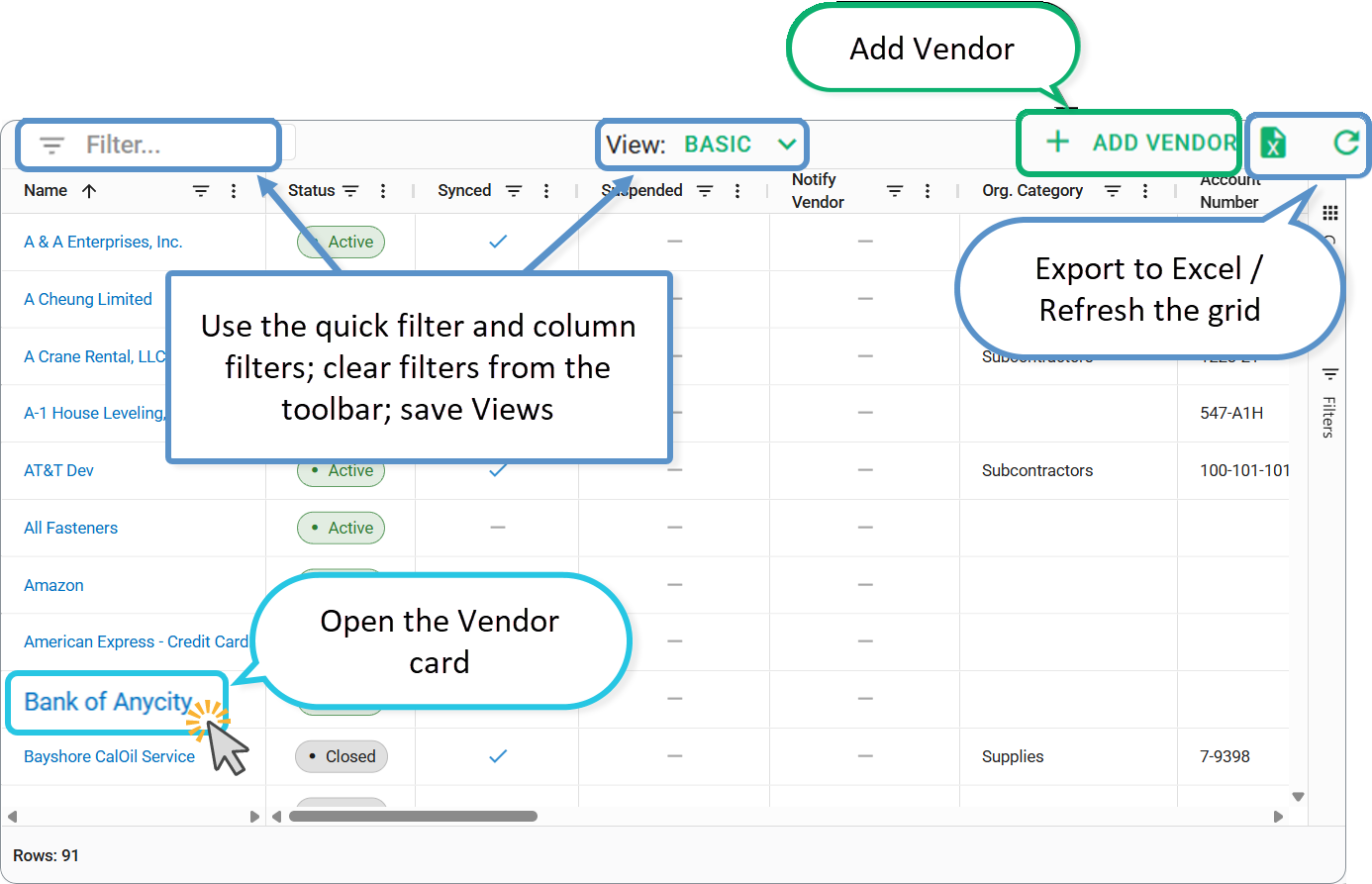 What you can do on the Vendors dashboard: browse, search, open a vendor card, create a new vendor, export, etc.