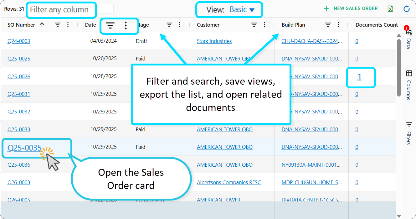 Use the SOs dashboard to find Sales Orders across Build Plans, filter and search, save views, export the list, and open related documents.