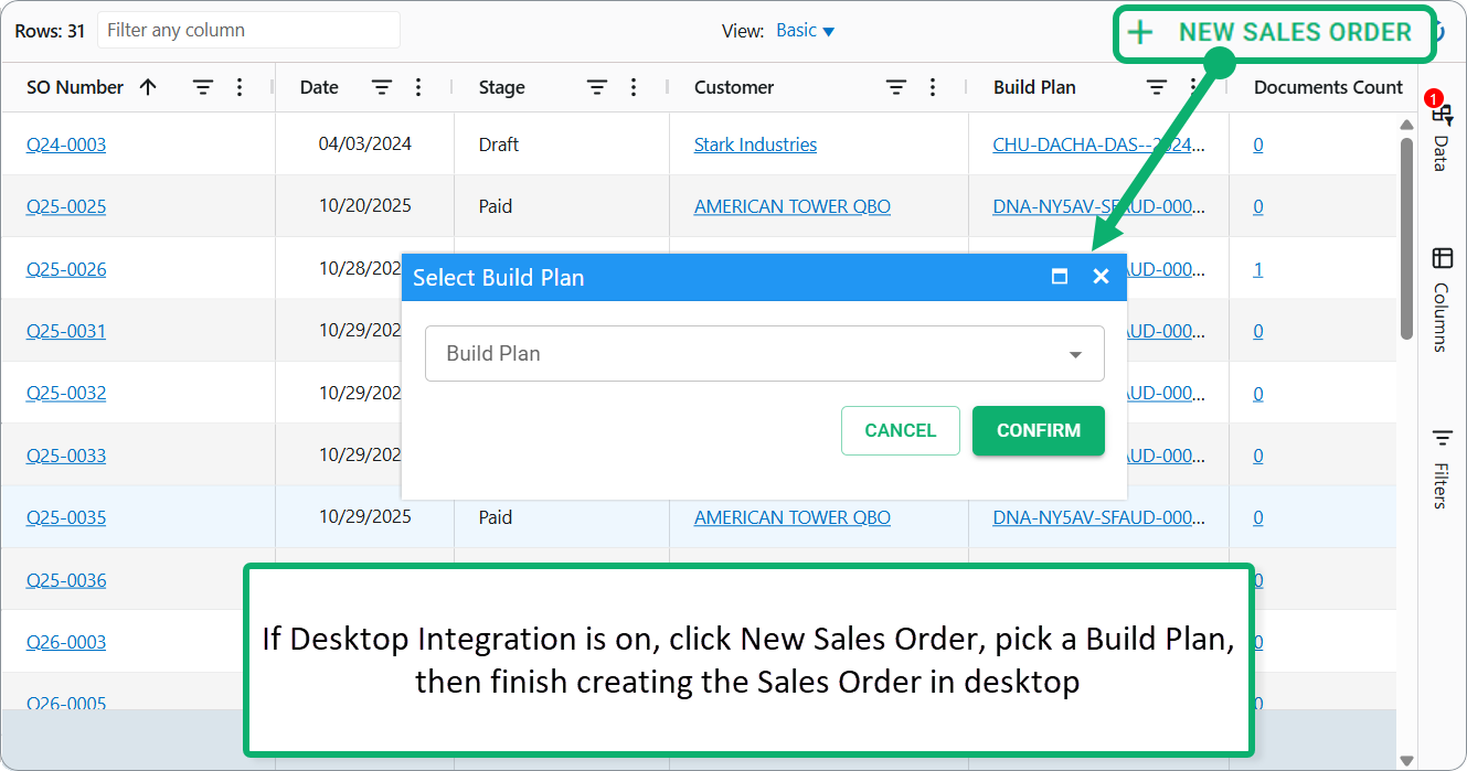 Sales Orders dashboard: create a new Sales Order