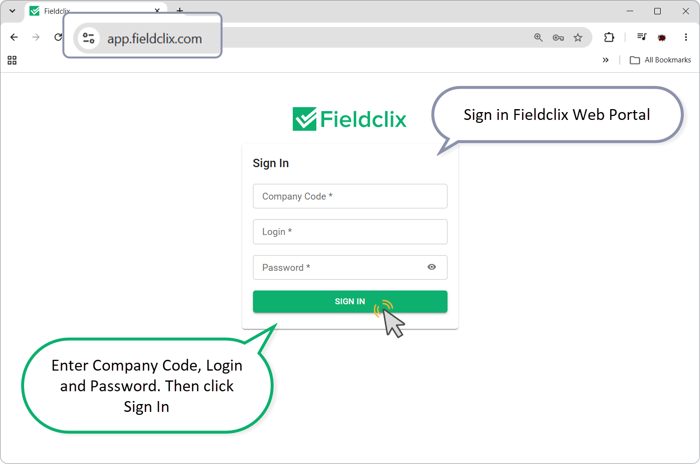 Sign in Fieldclix Web Portal