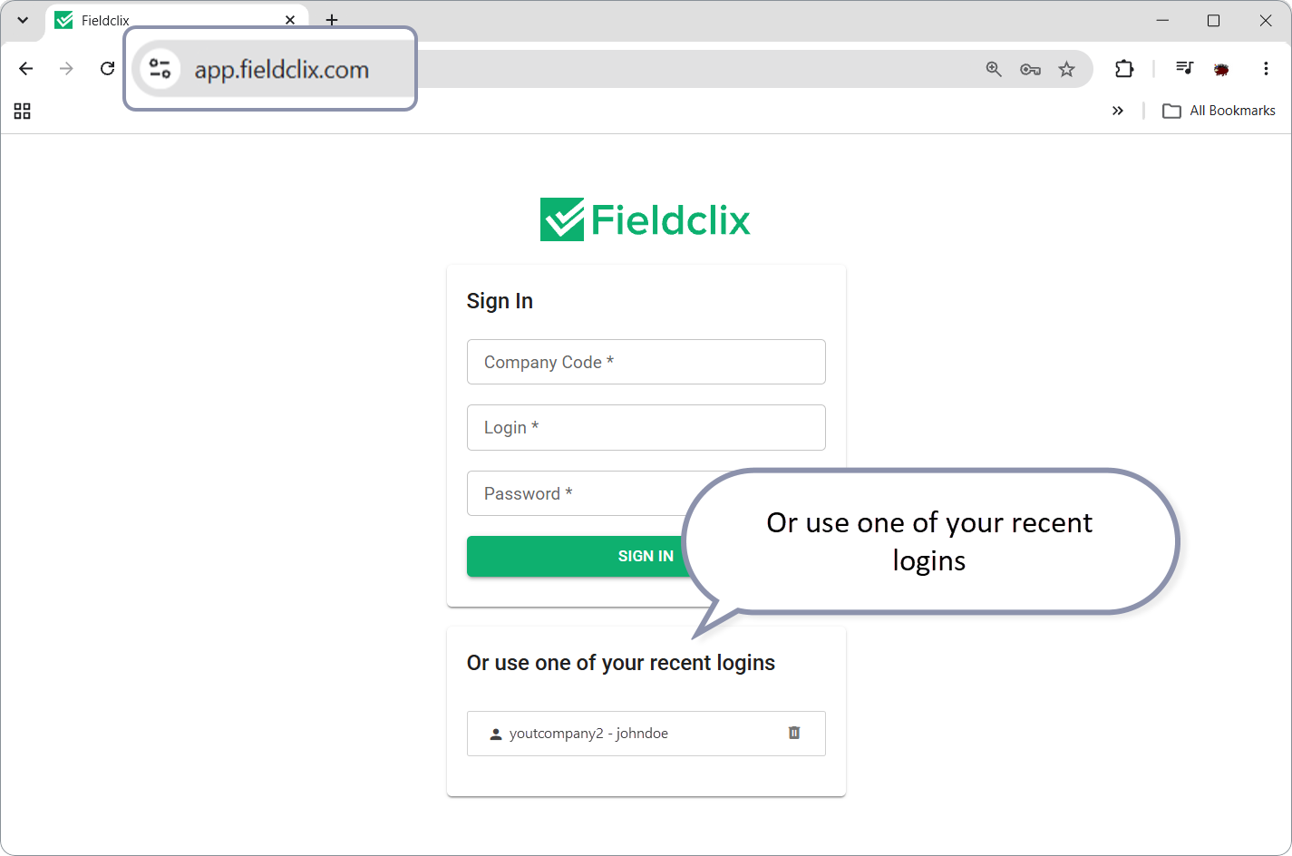 Sign in Fieldclix Web Portal: use one of your recent logins