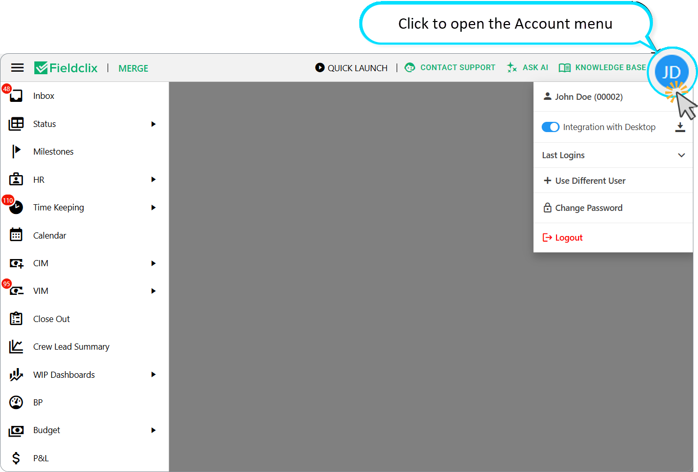 Fieldclix Web Portal: Click the avatar icon to open the Account menu
