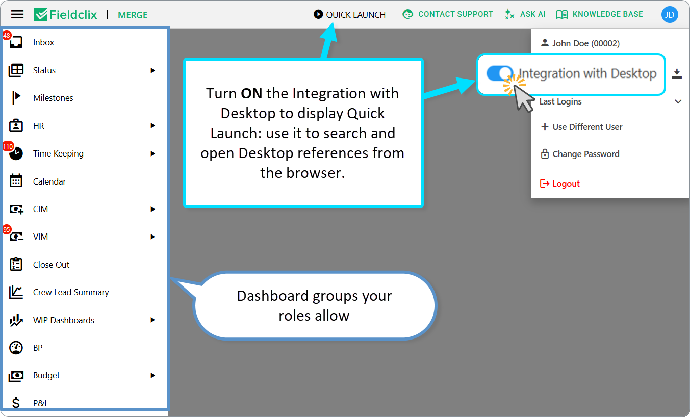 Fieldclix web Portal: Dashboards home and Quick Launch