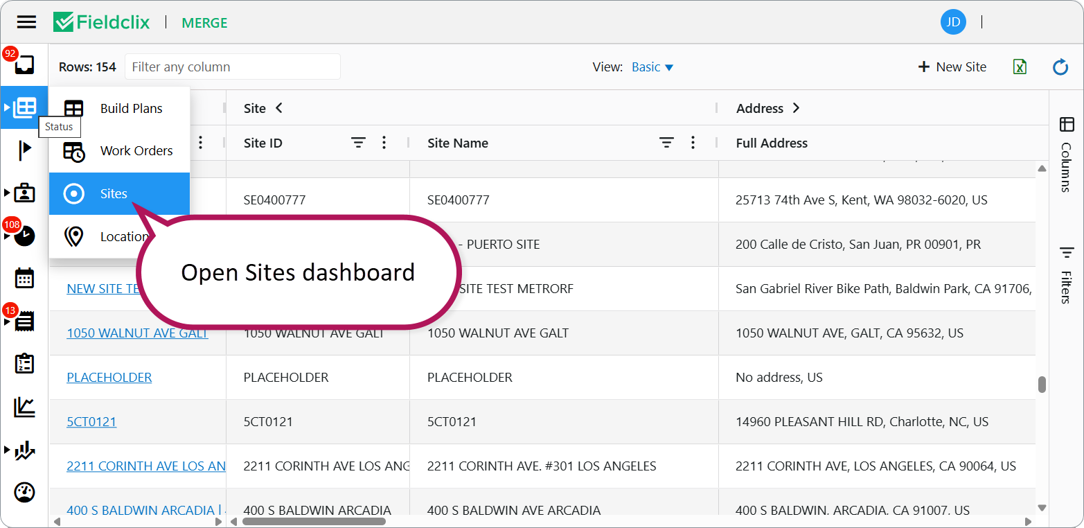 Open Sites dashboard
