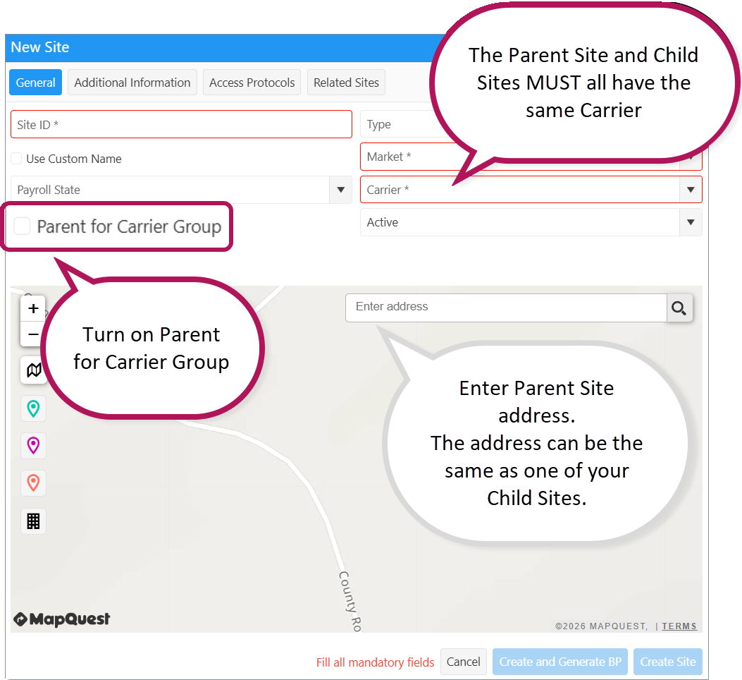 On the Site card, turn on Parent for Carrier Group