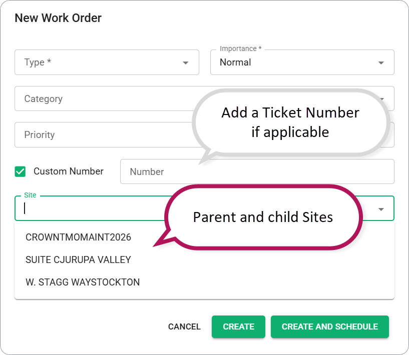 Create a new Work Order for a child Site