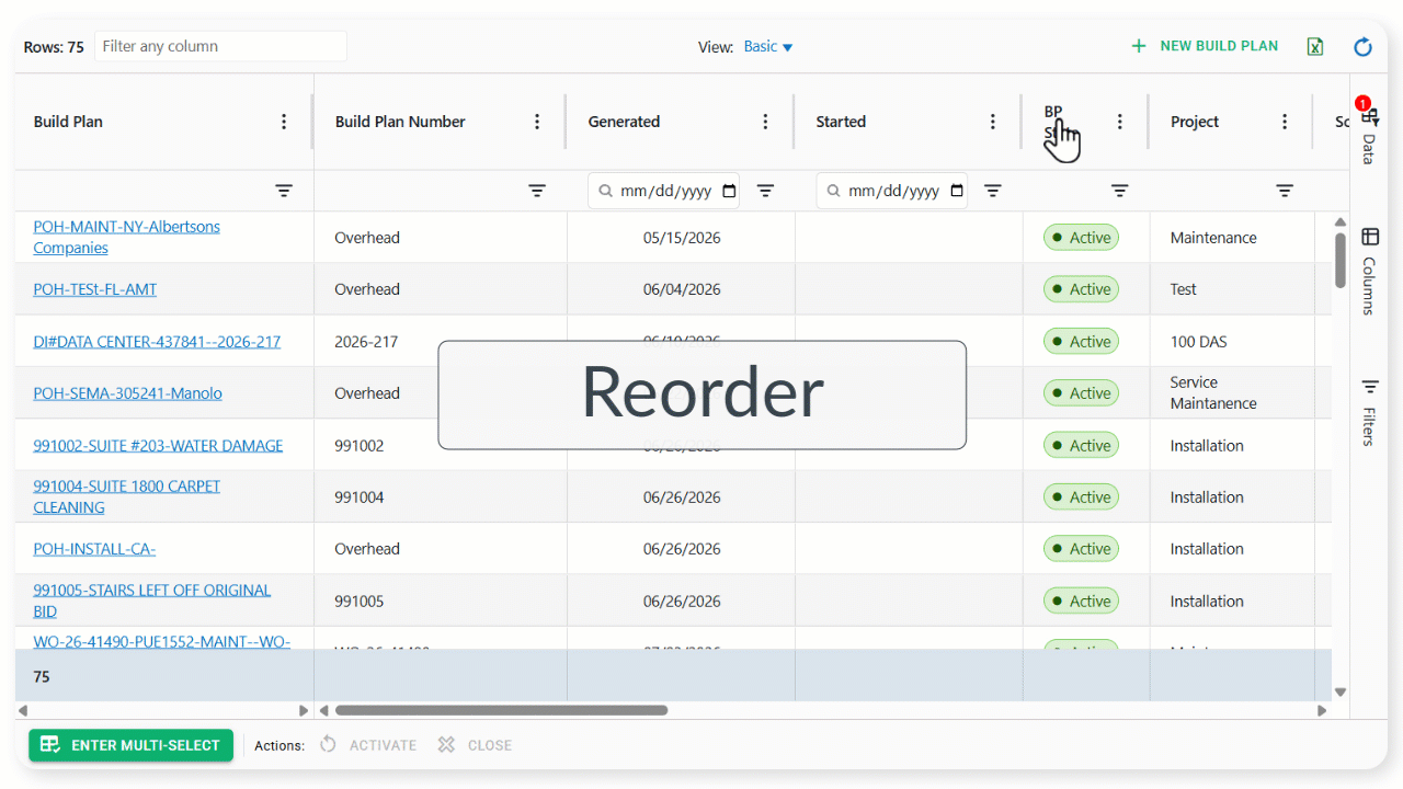 AG Agrid Dashboard Columns: visibility, width, pin, and order