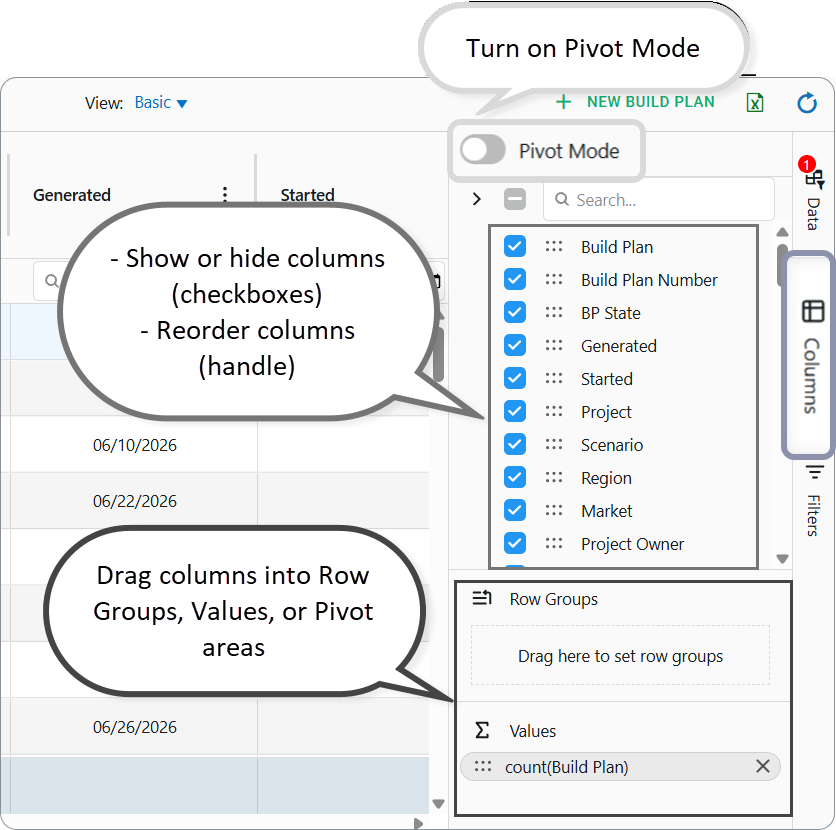 AG Grid Dashboard: Columns side panel