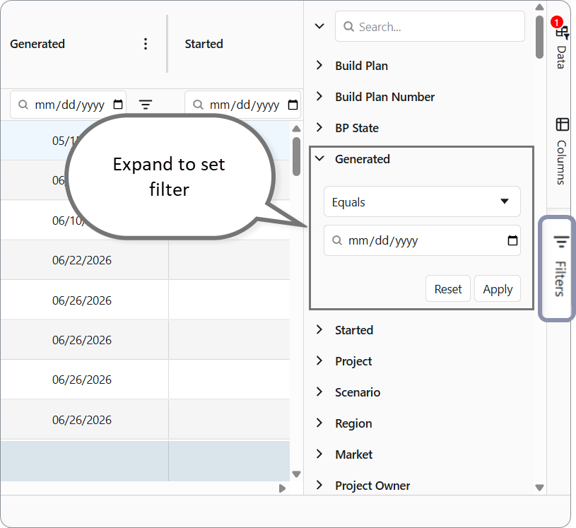 AG Grid dashboard: Filters side panel