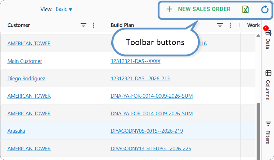 AG Grid Dashboard: Toolbar buttons