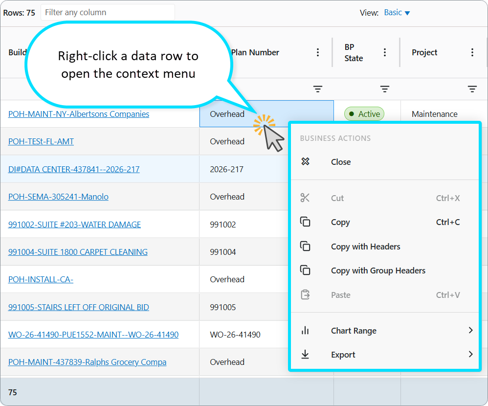 AG Grid Dashboard: Context menu (right-click)