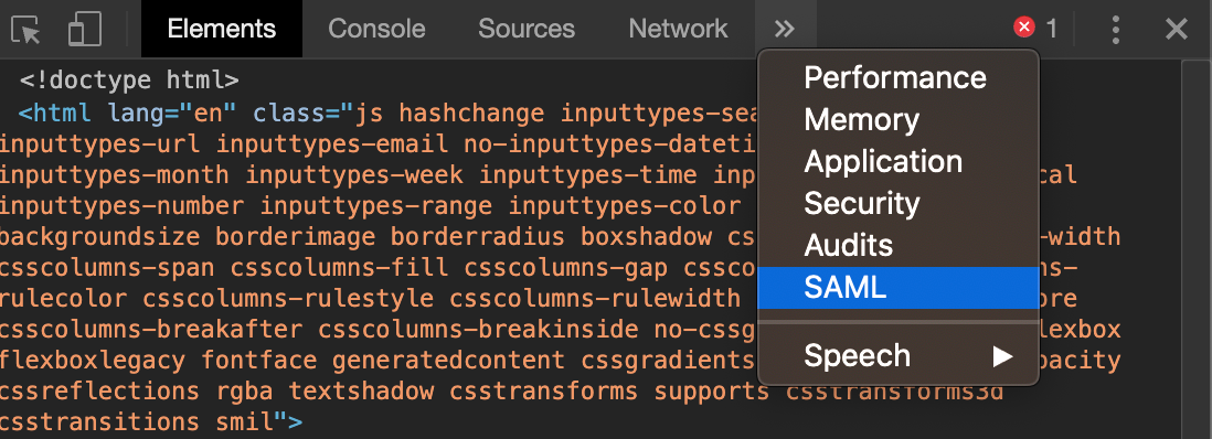 Screenshot selecting SAML from double arrow icon in Developer Tools menu.