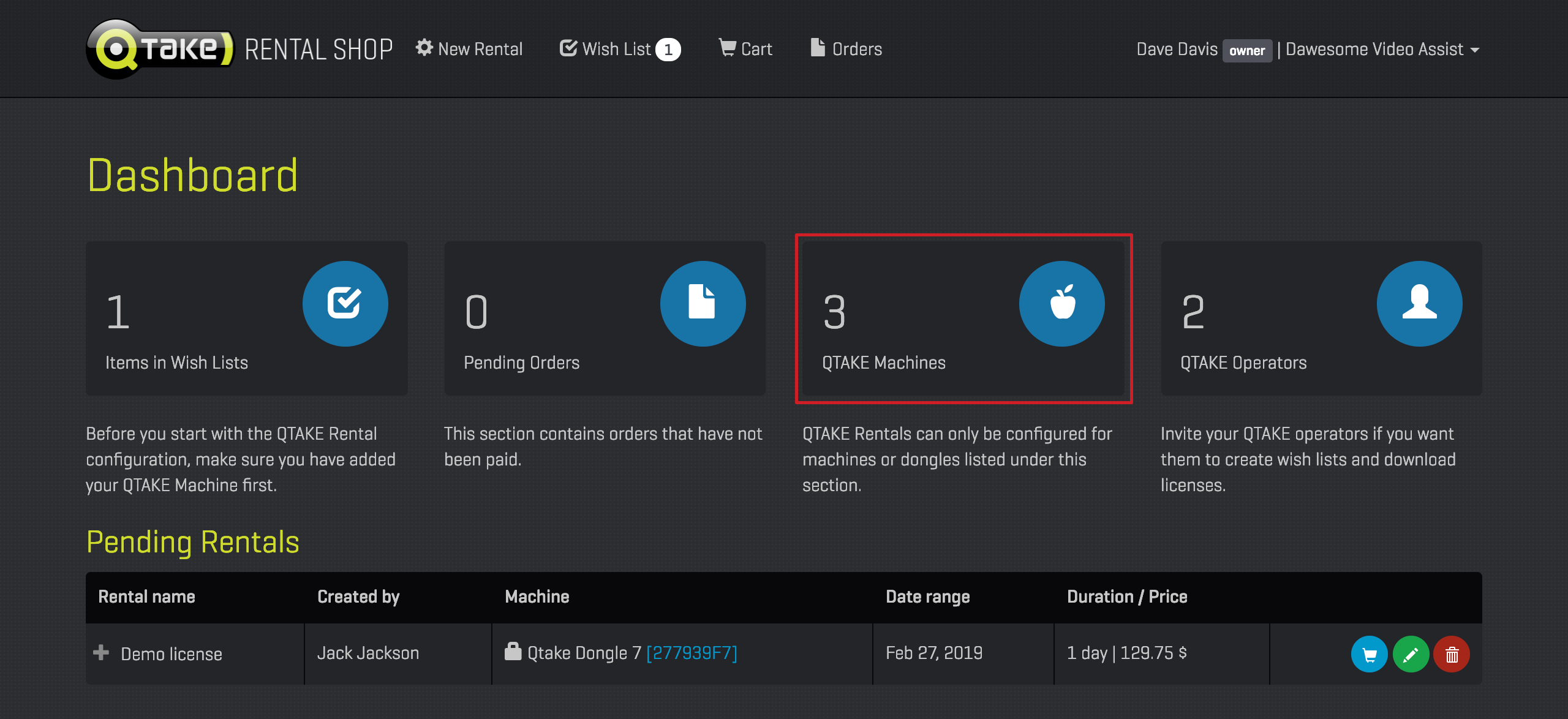 Machine registration QTAKE Rental Shop